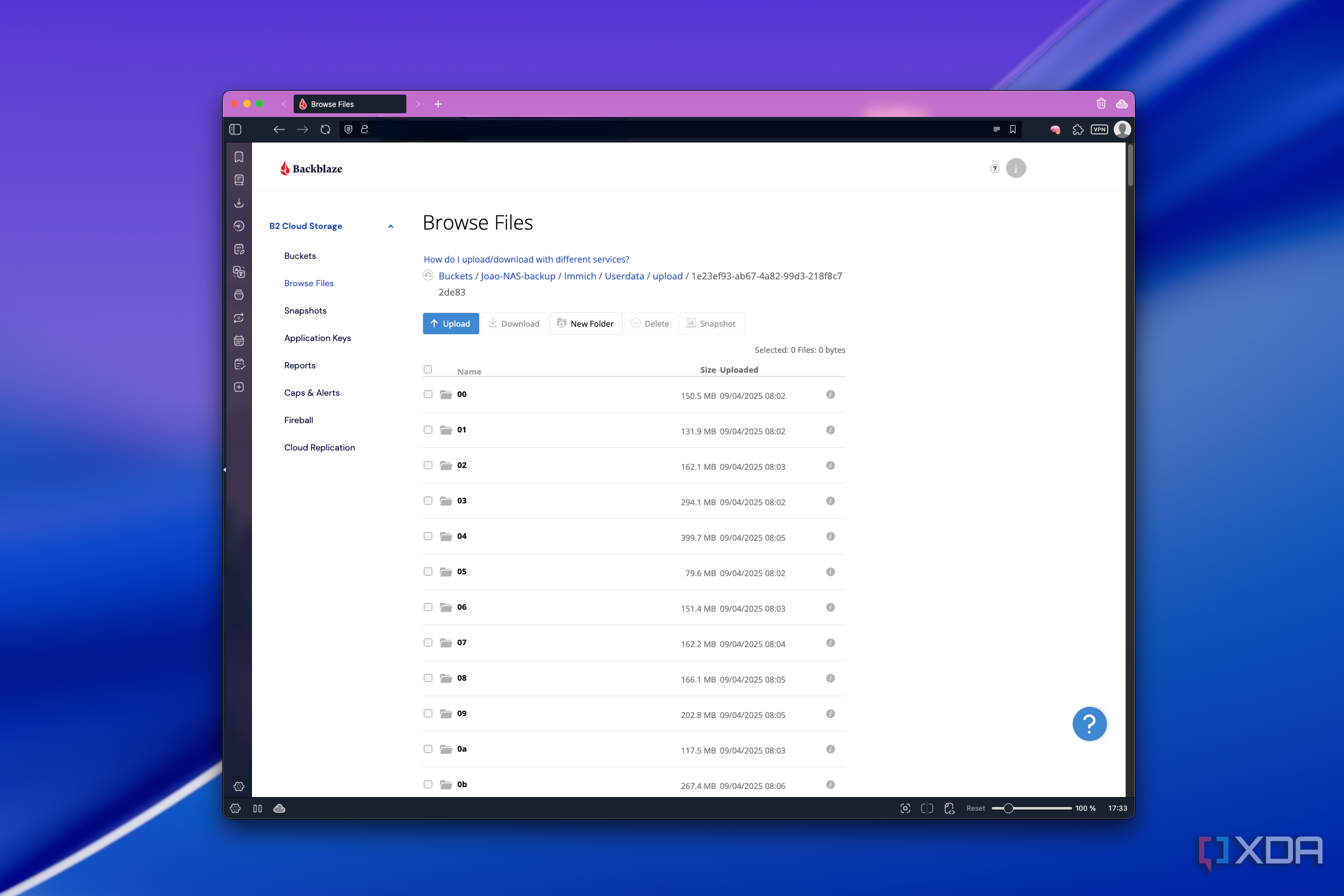 Screenshot of the Backblaze file browser on the web showing a series of folders in a list