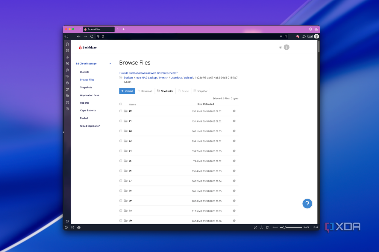 Screenshot of the Backblaze file browser on the web showing a series of folders in a list