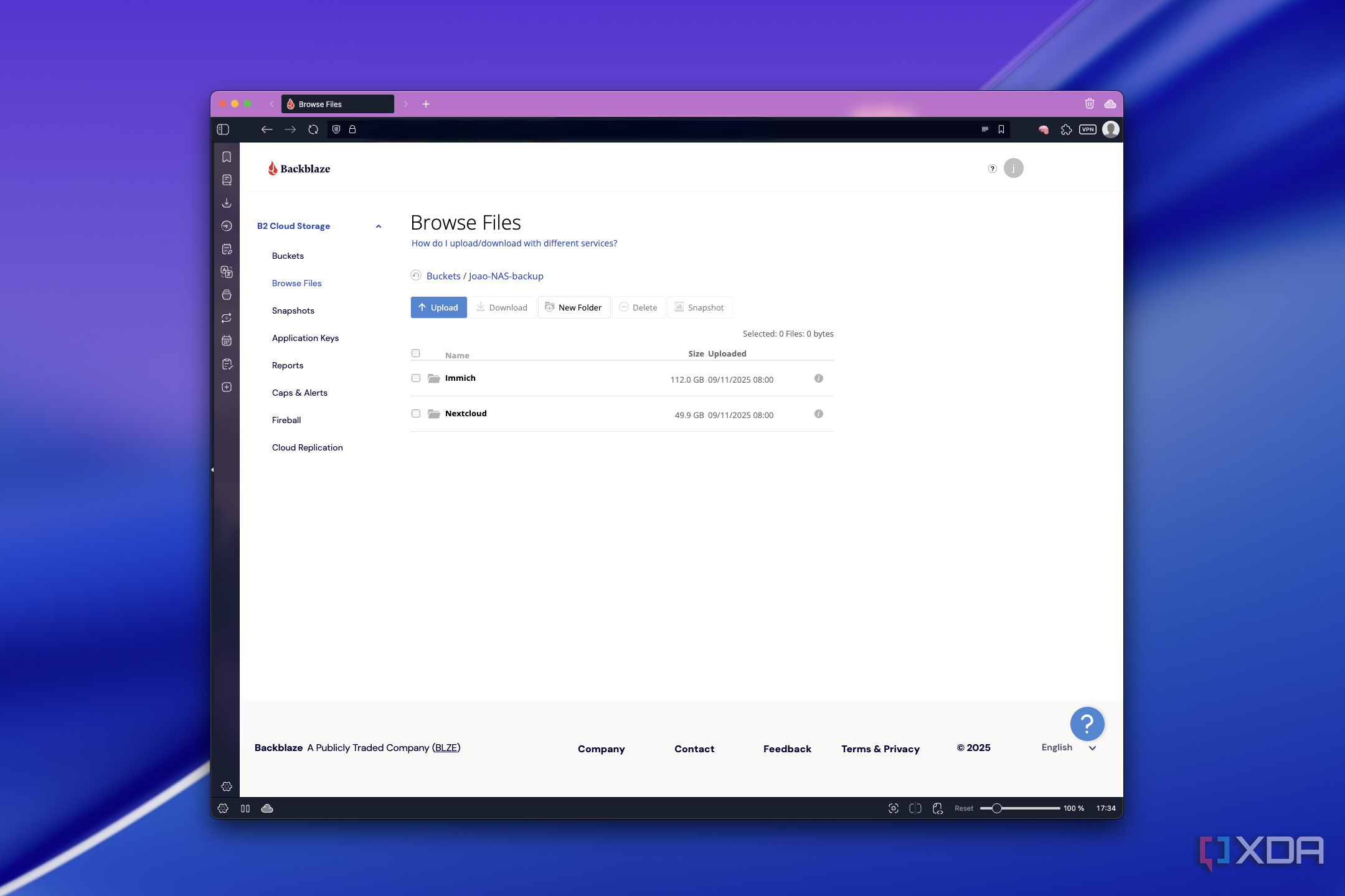 Screenshot of the file browser in Backblaze showing two folders in the root of a bucket
