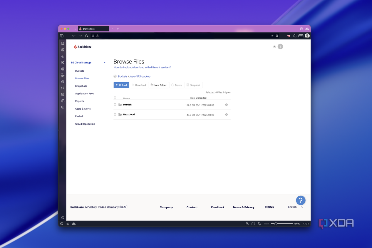 Screenshot of the file browser in Backblaze showing two folders in the root of a bucket