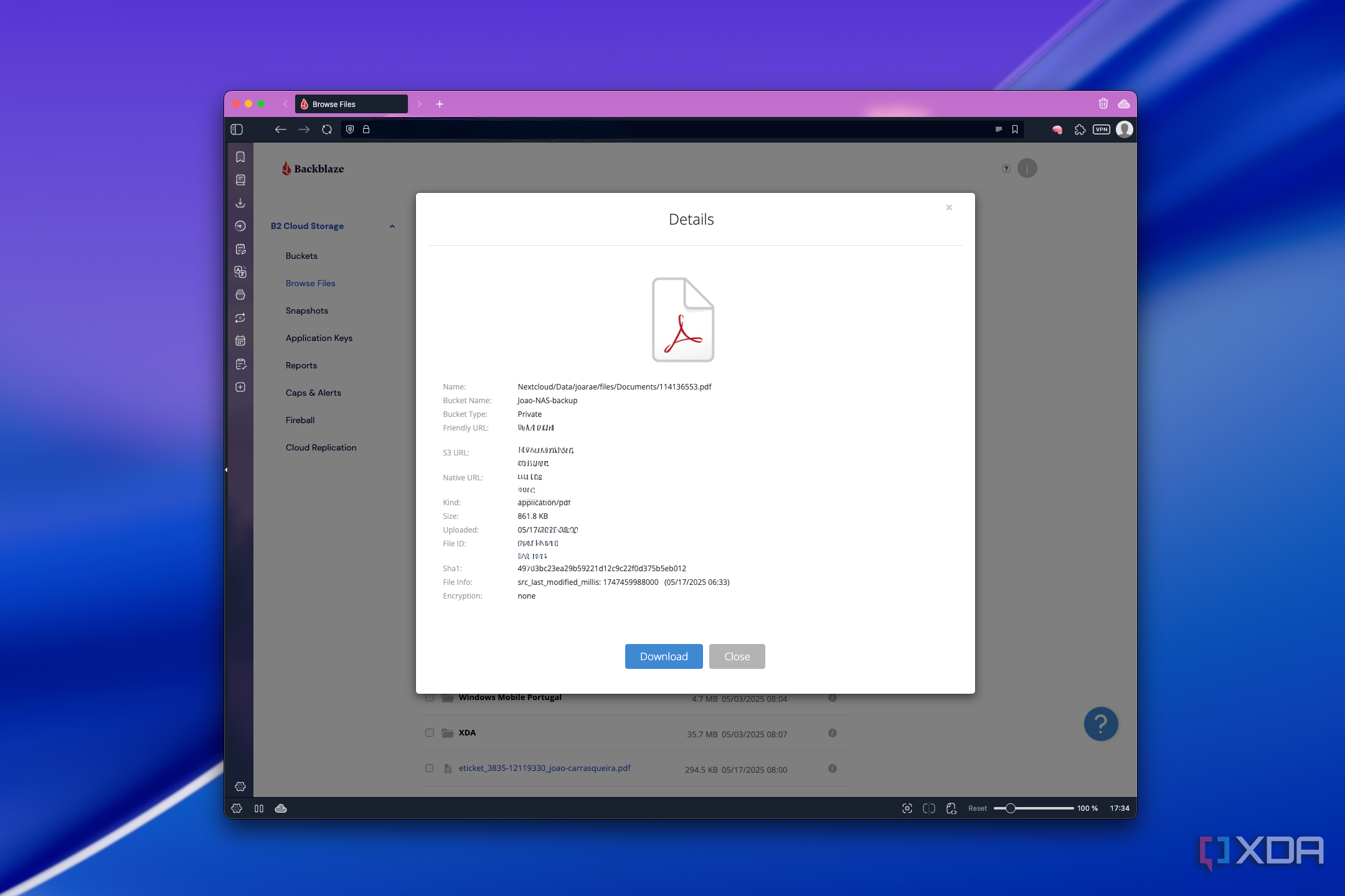 Screenshot of a PDF file summary in Blackblaze's web UI