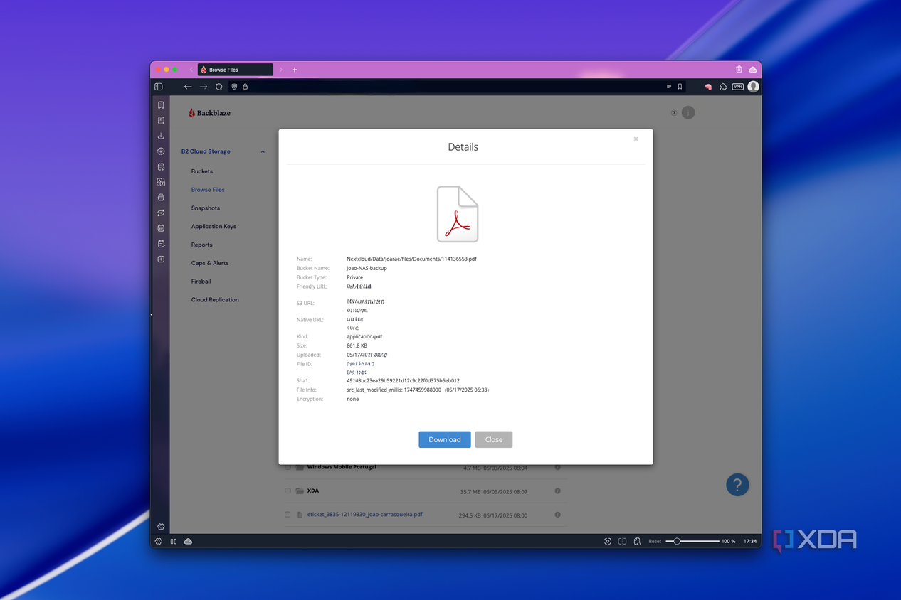 Screenshot of a PDF file summary in Blackblaze's web UI