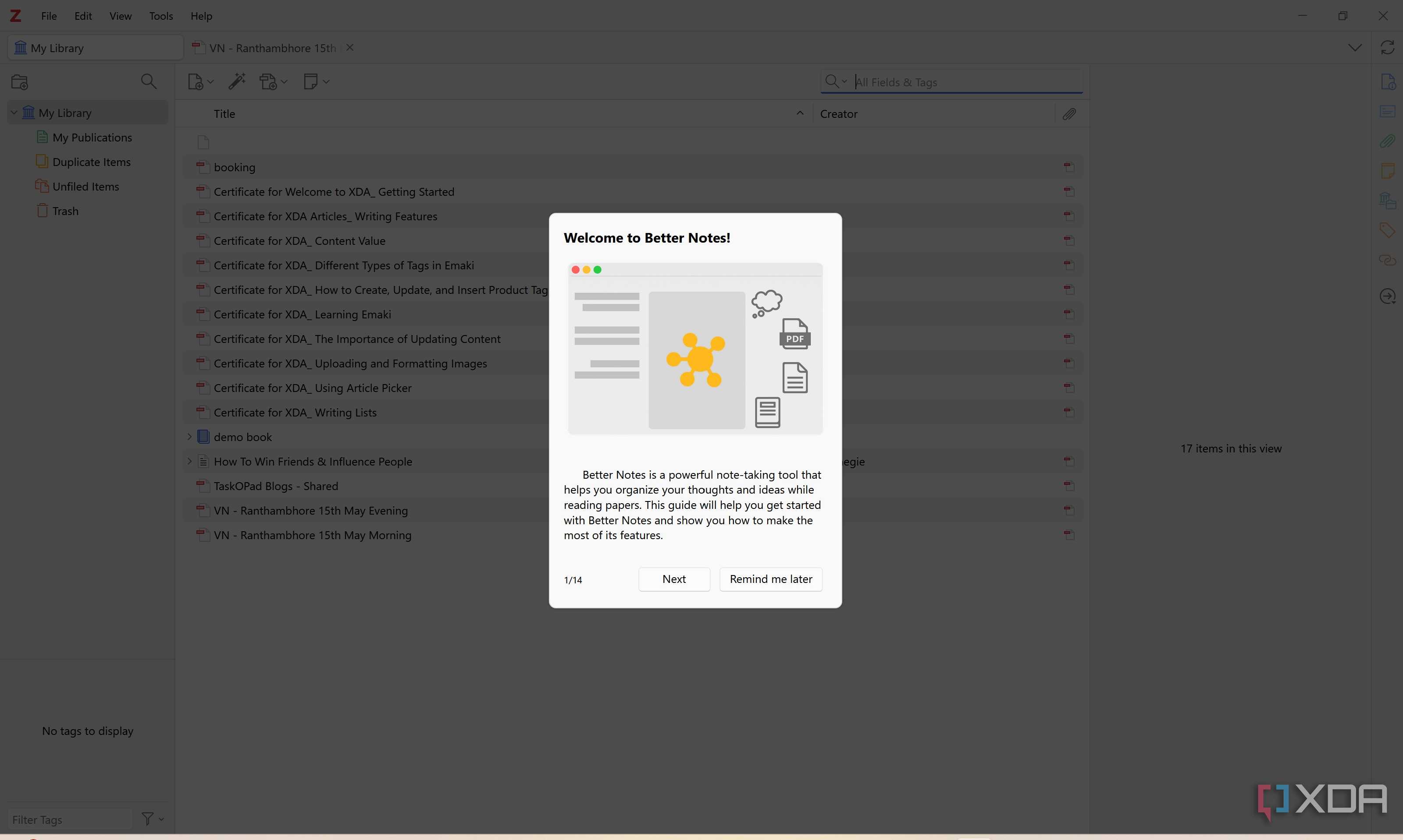 Welcome page in Better Notes Zotero plugin