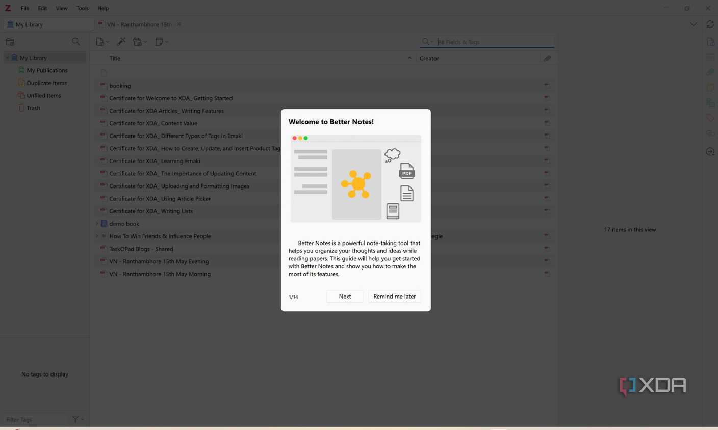 Welcome page in Better Notes Zotero plugin