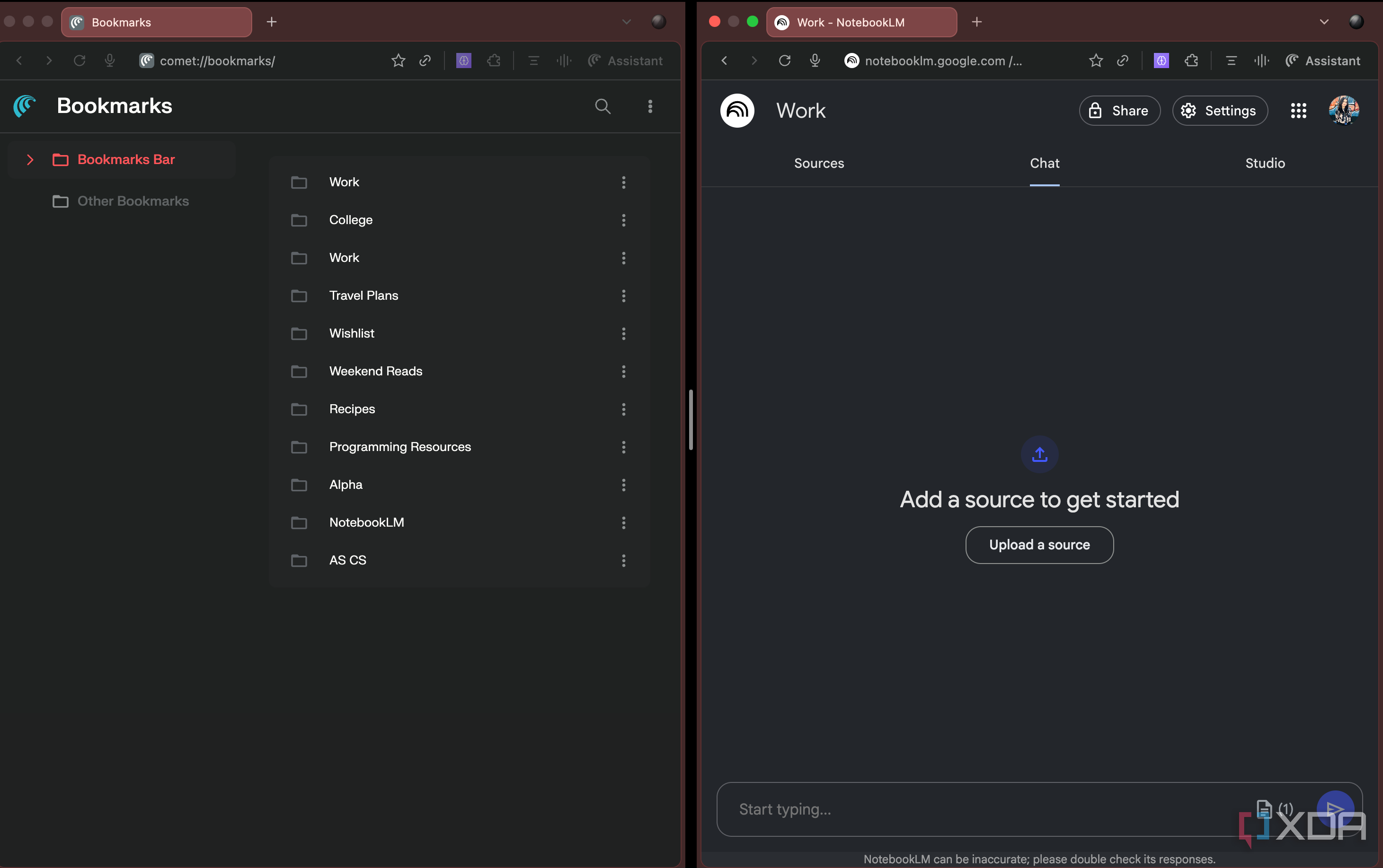 Bookmark Manaager and NotebookLM side by side