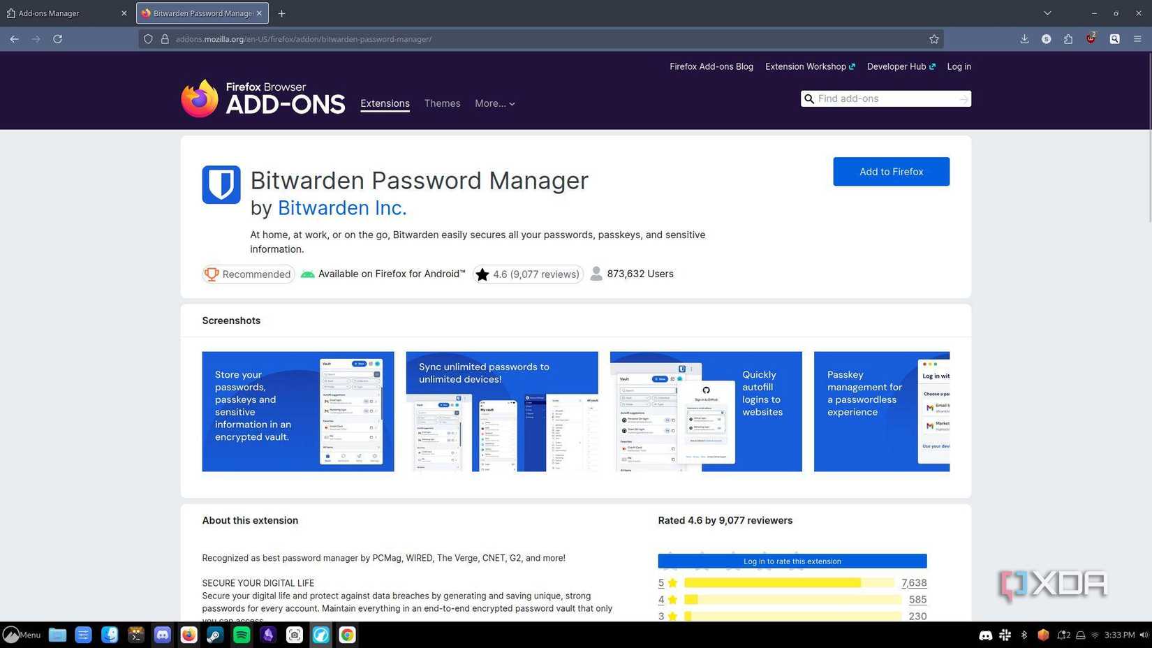 A screenshot of the Bitwarden password manager extension page on the Firefox web store