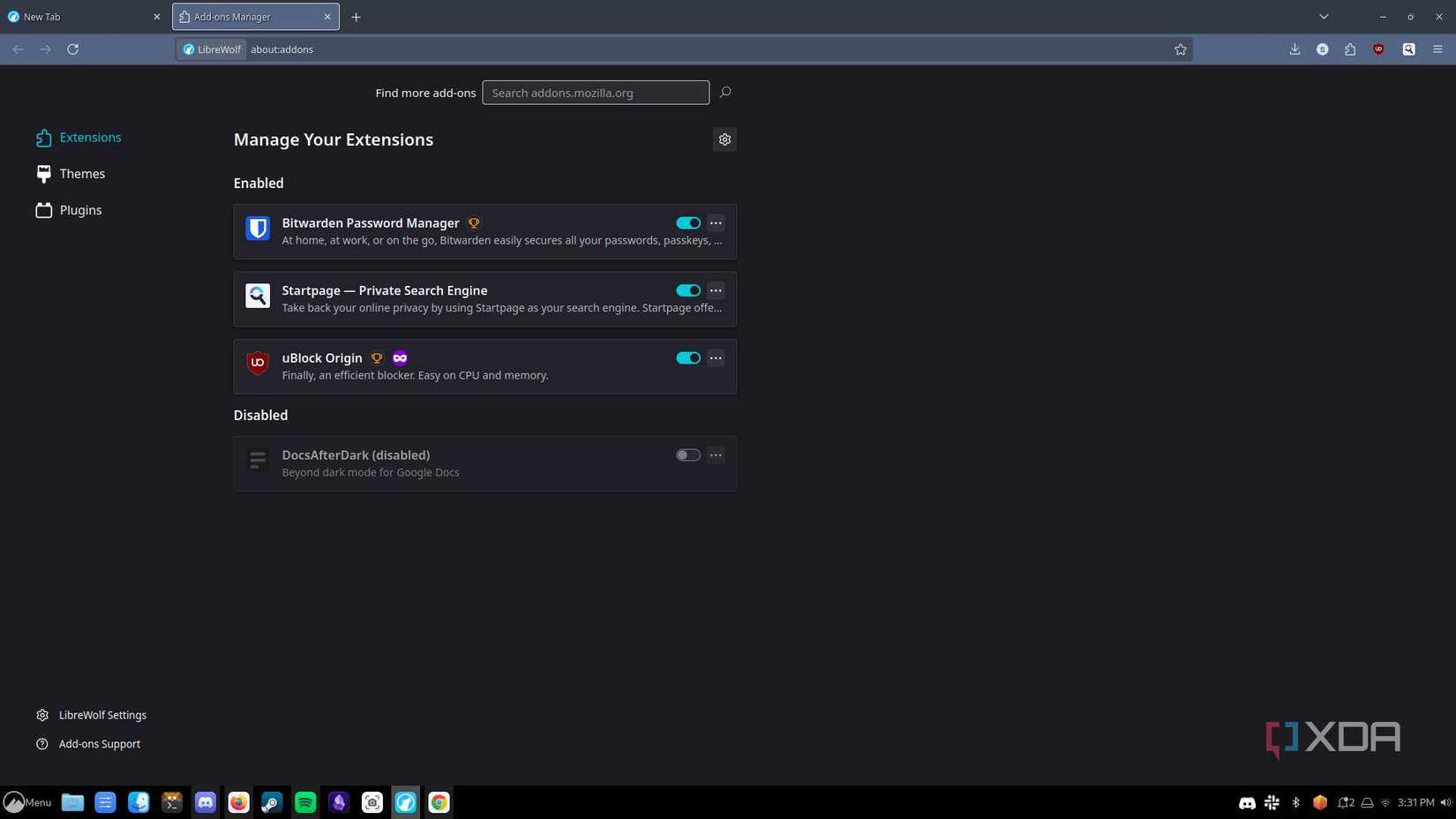 A screenshot of a list of three core browser extensions on the LibreWolf/Firefox browser