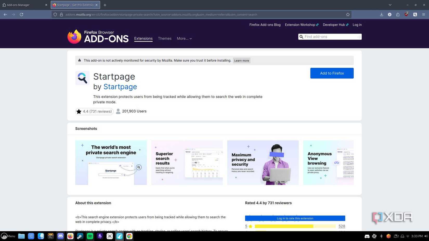 A screenshot of the Startpage browser extension page on the Firefox web store