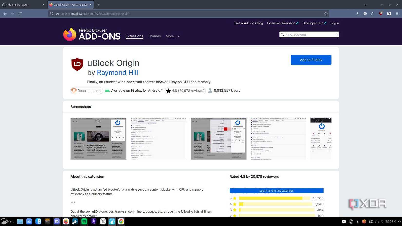 A screenshot of the uBlock Origin page on the Firefox web store