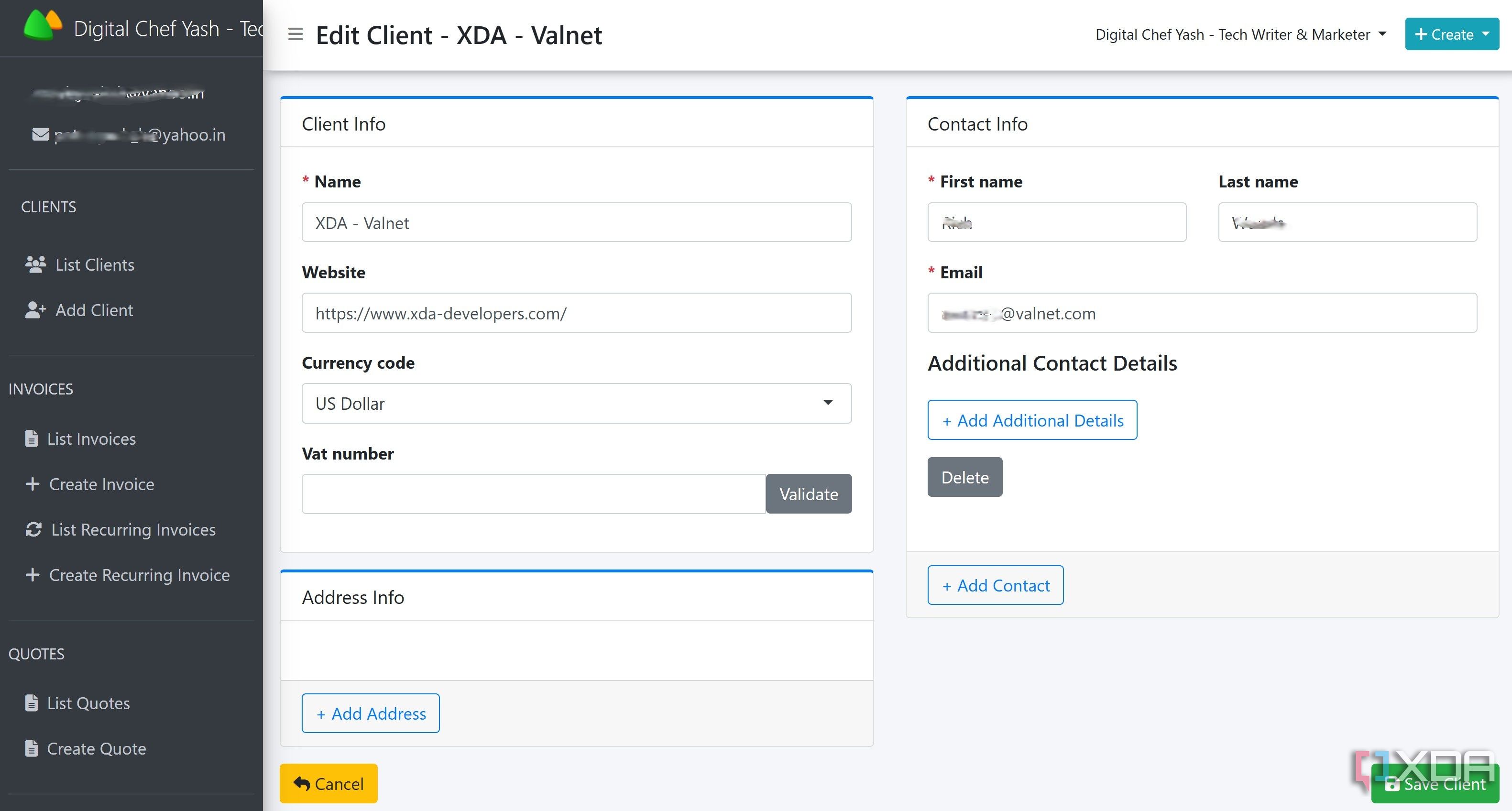 Add new client in Solid Invoice
