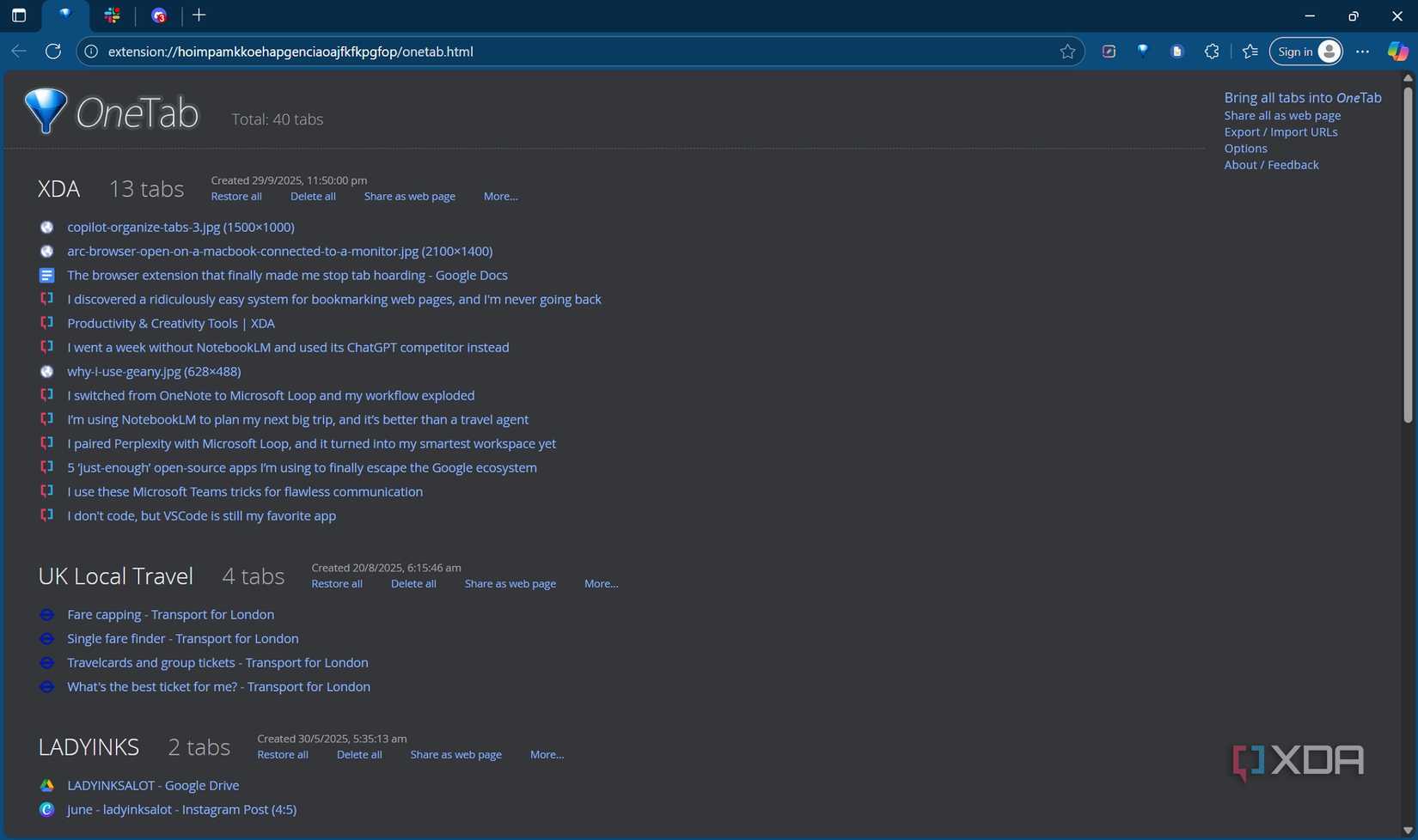 Screenshot of collapsed tabs with OneTab