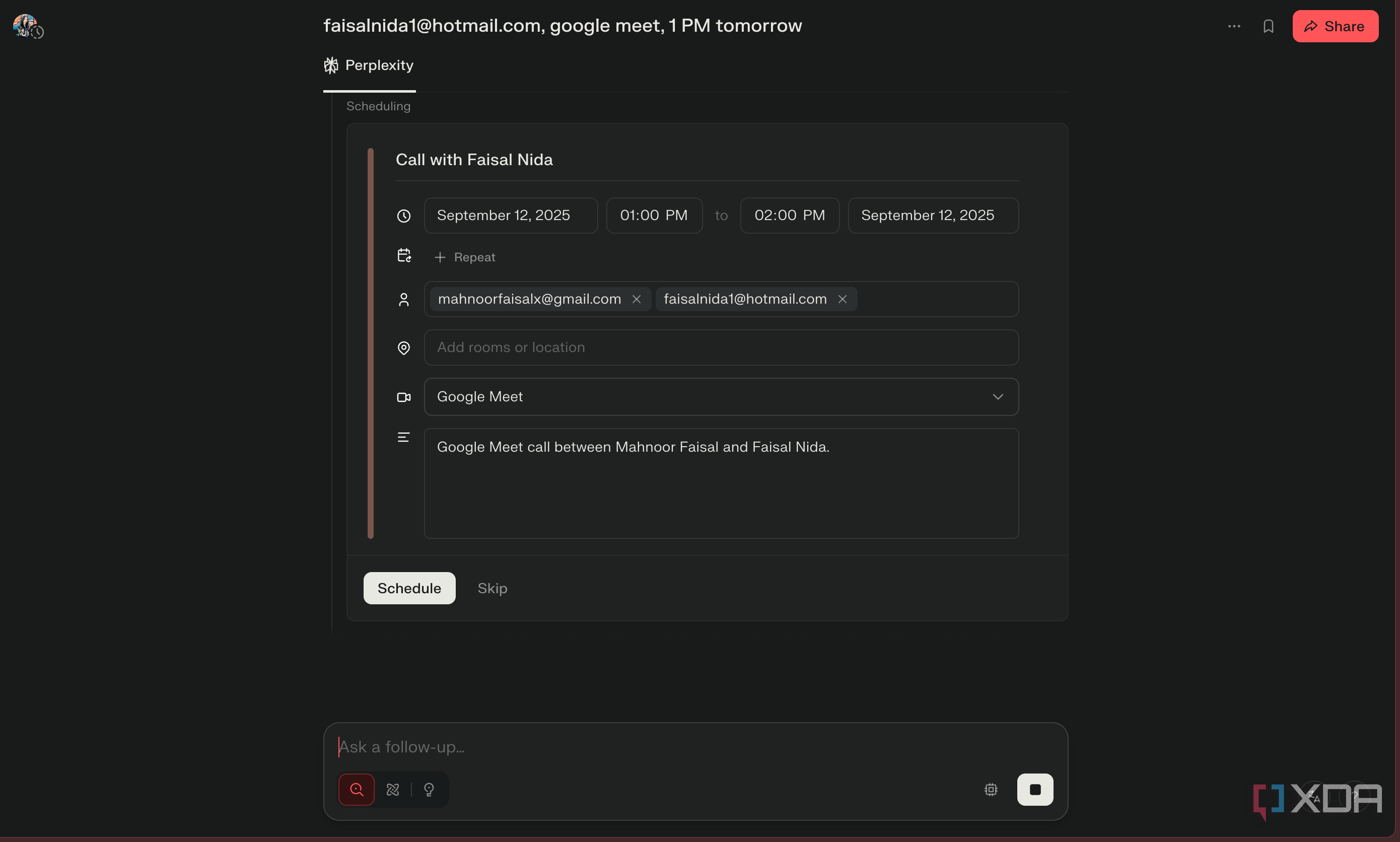 Comet Assistant scheduling a call