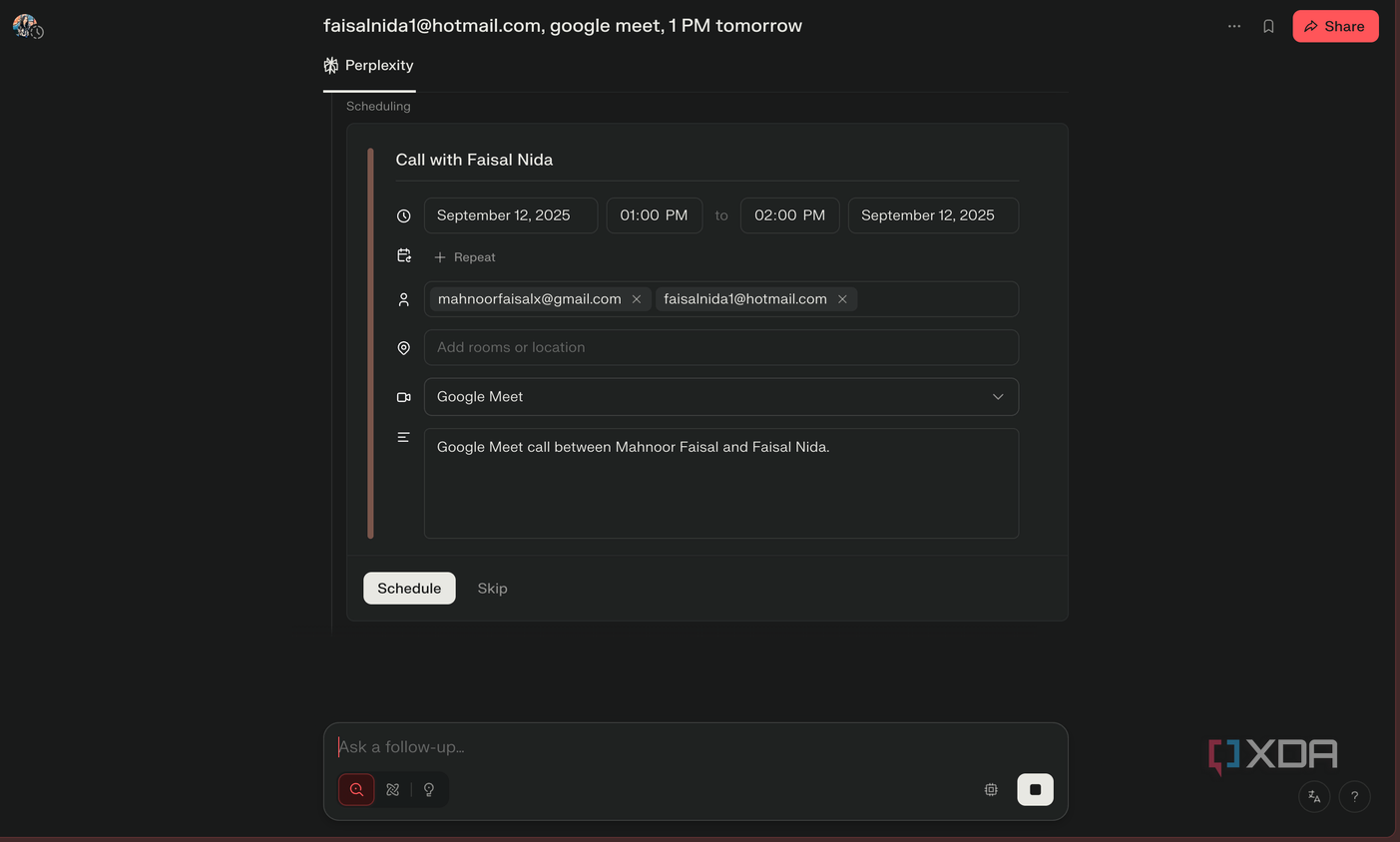 Comet Assistant scheduling a call