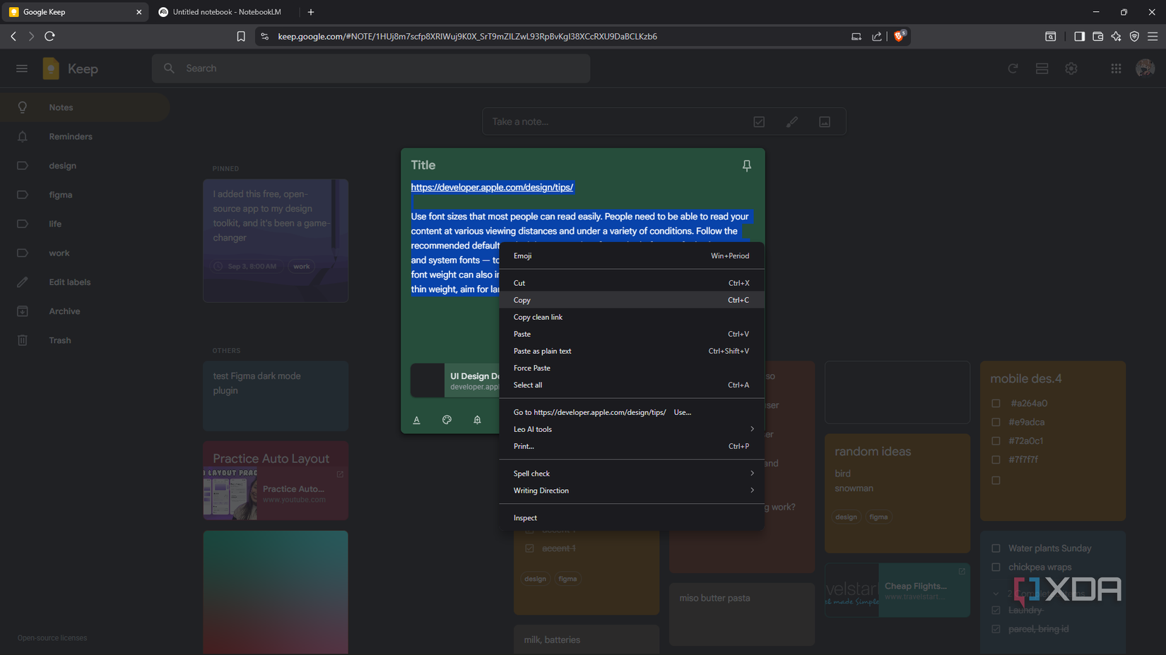 Copying text from Google Keep note