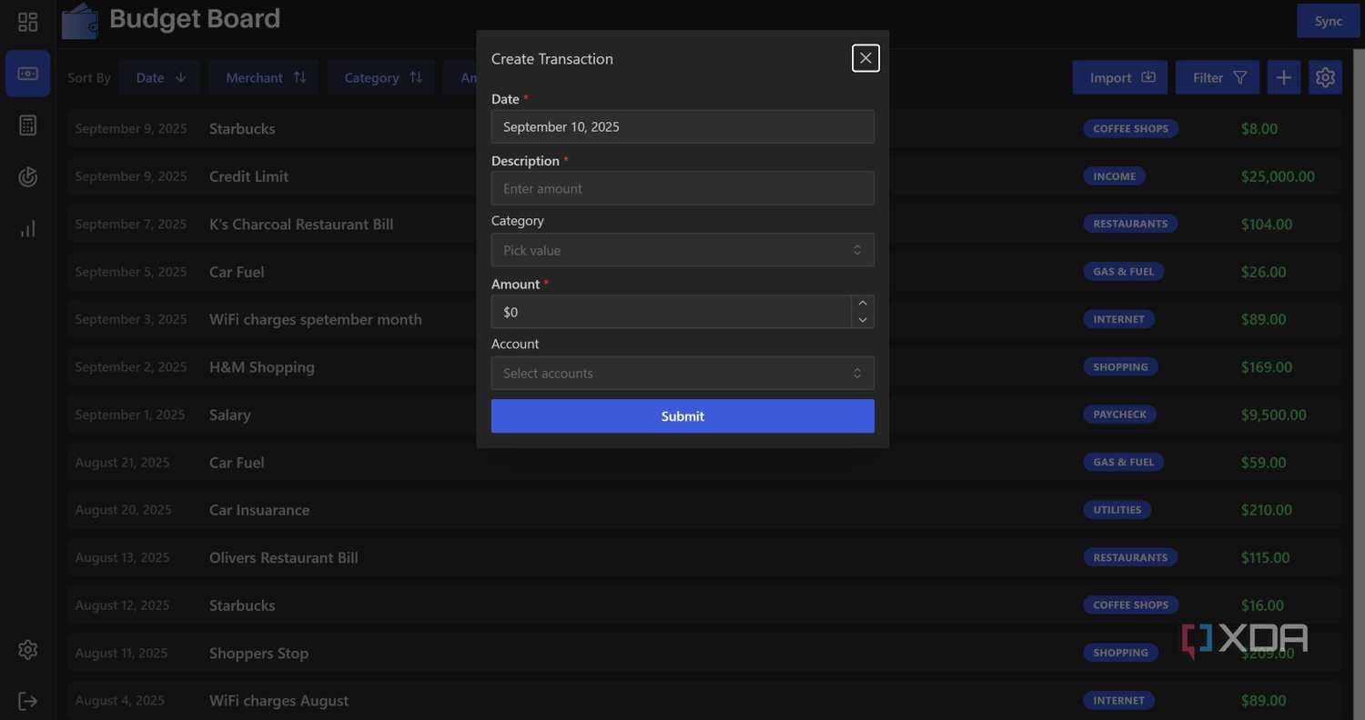 Create new transaction Budget Board