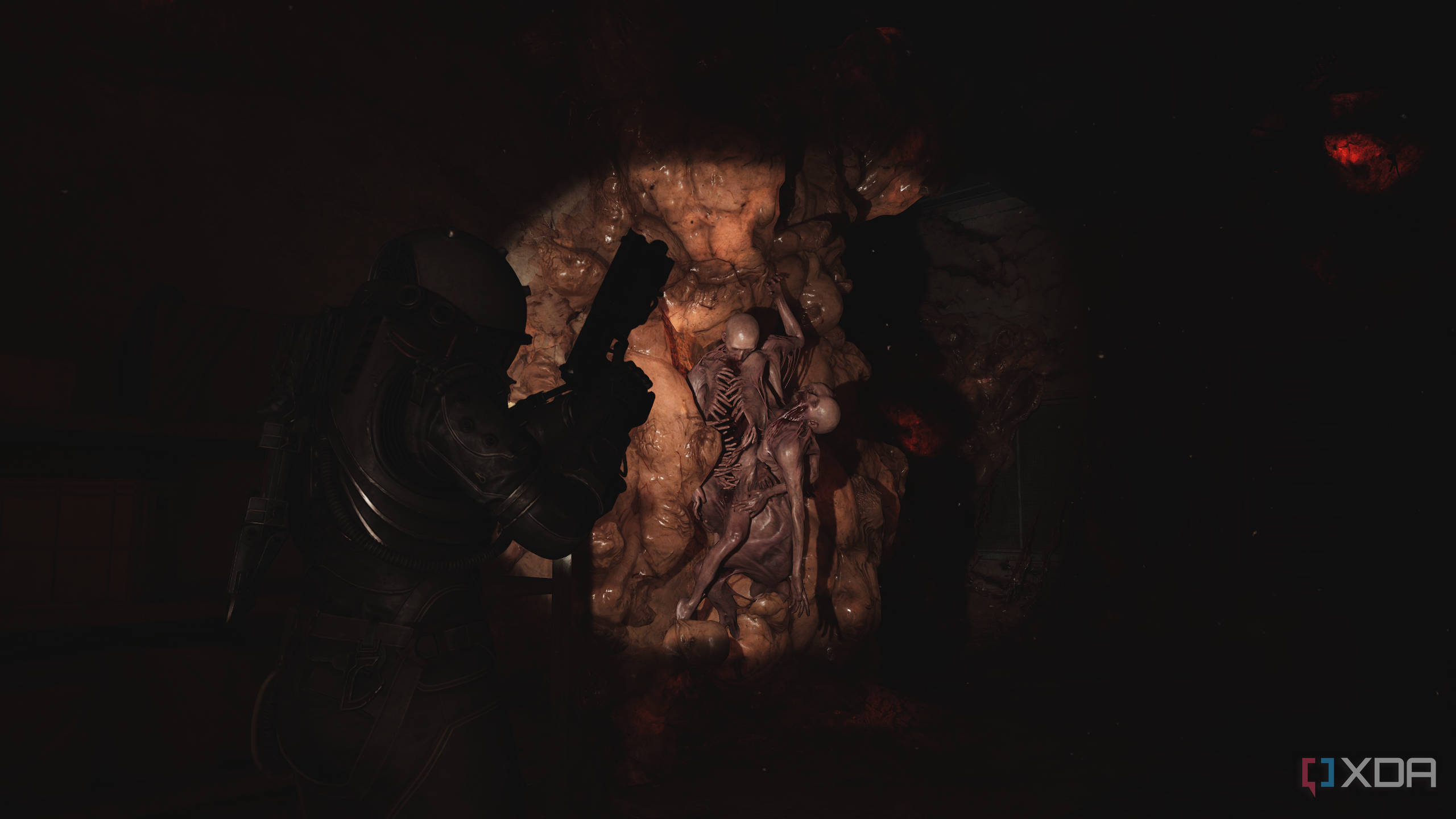 A wall lined with hundreds of conjoined corpses in Cronos: The New Dawn.