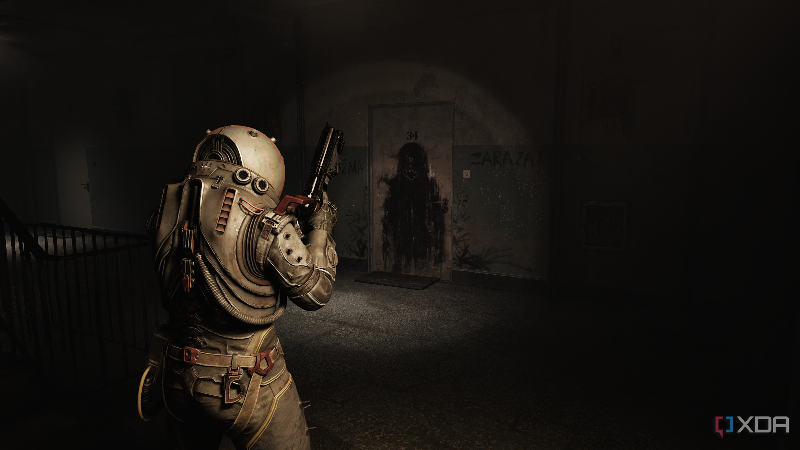 A dark figure scratched onto a door in an apartment complex in Cronos: The New Dawn.