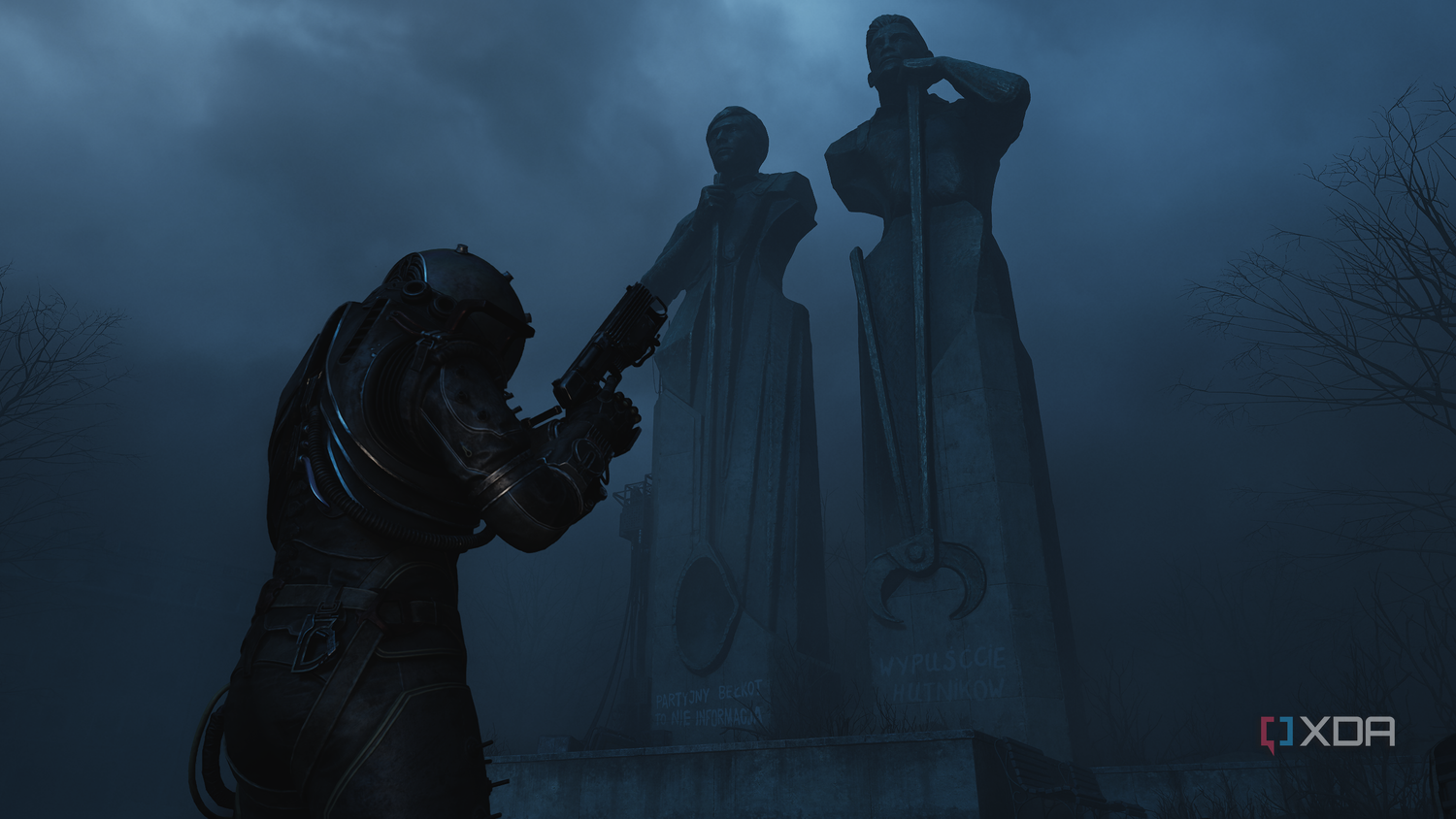 Two statues of steelworkers in Cronos: The New Dawn.