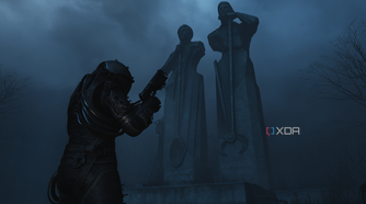 Two statues of steelworkers in Cronos: The New Dawn.