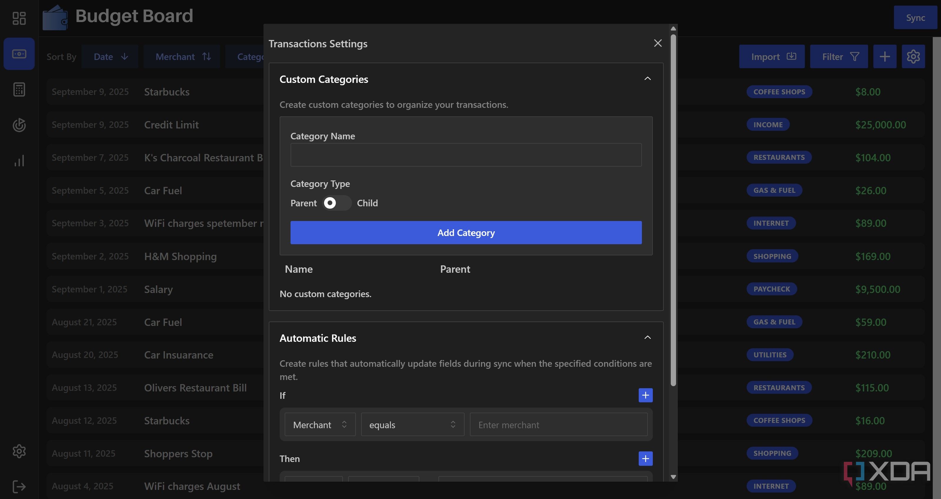 Custom categories in Budget Board