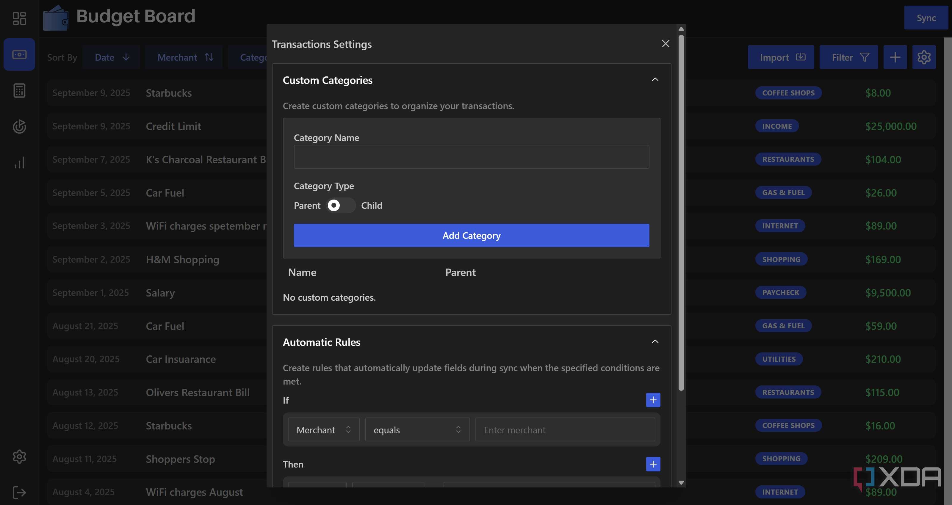 Custom categories in Budget Board