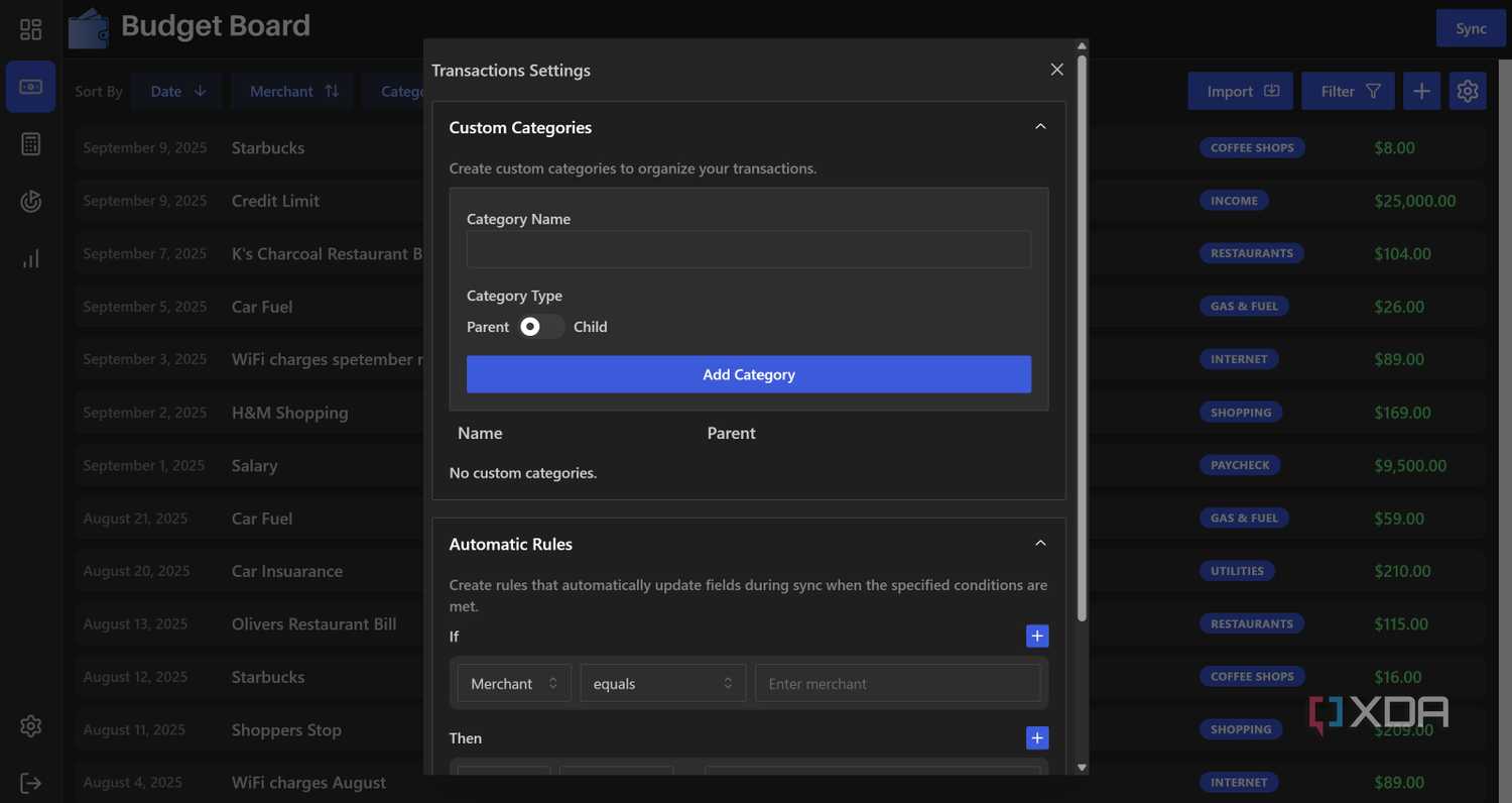 Custom categories in Budget Board