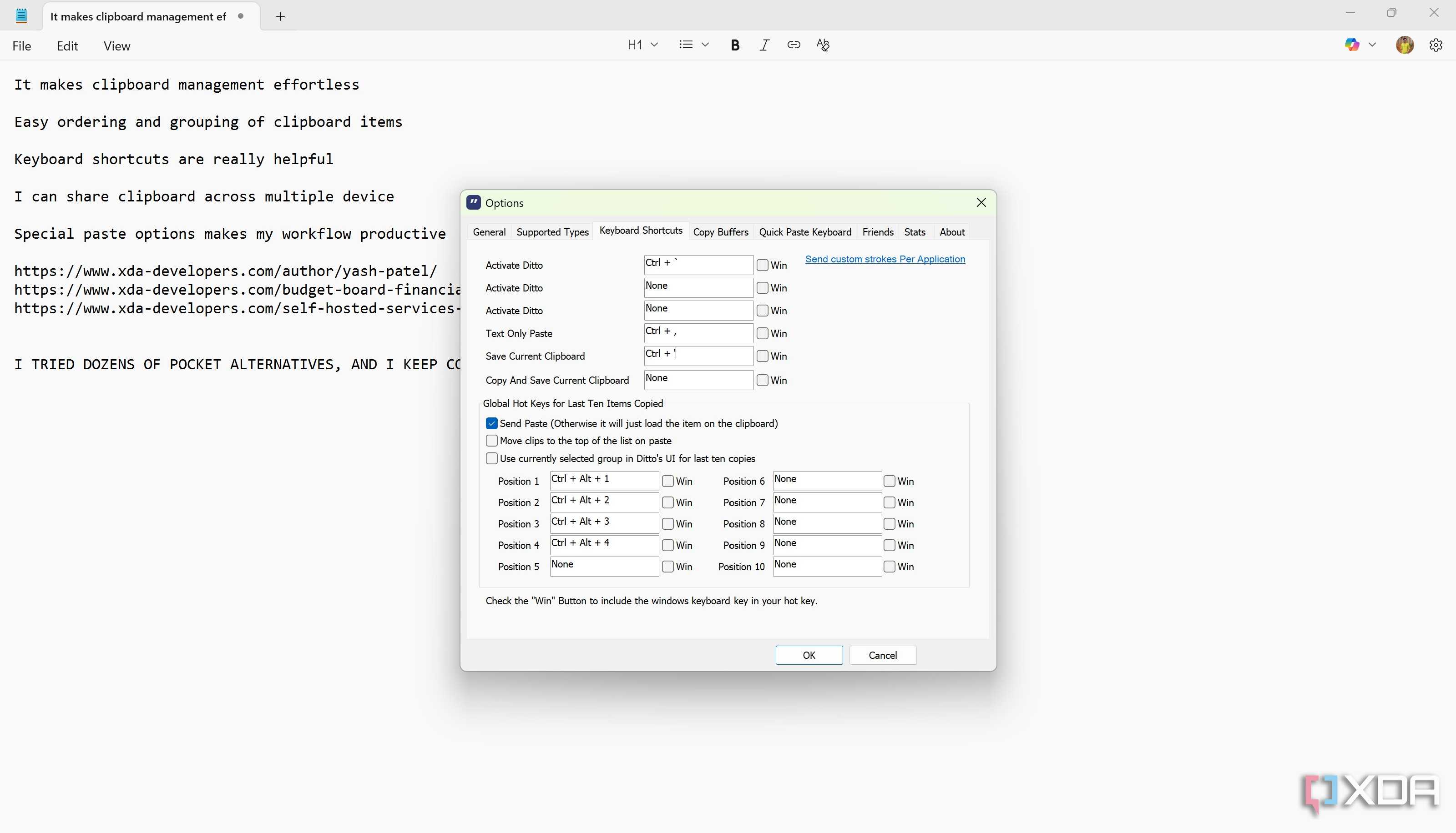 Custom keyboard shortcuts in Ditto