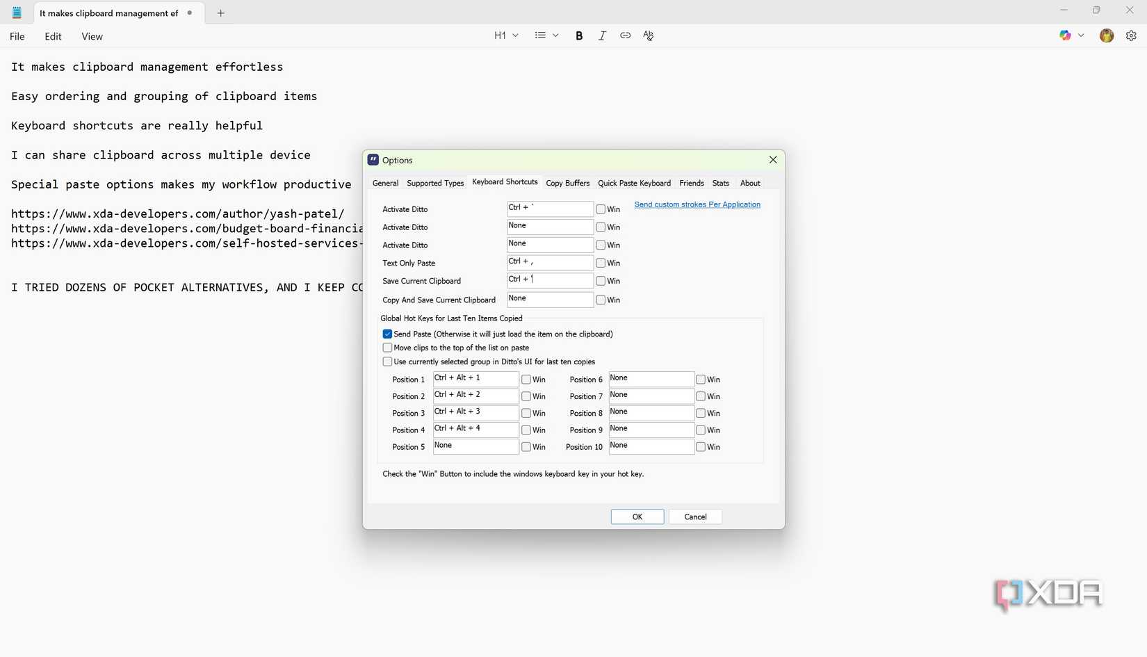 Custom keyboard shortcuts in Ditto