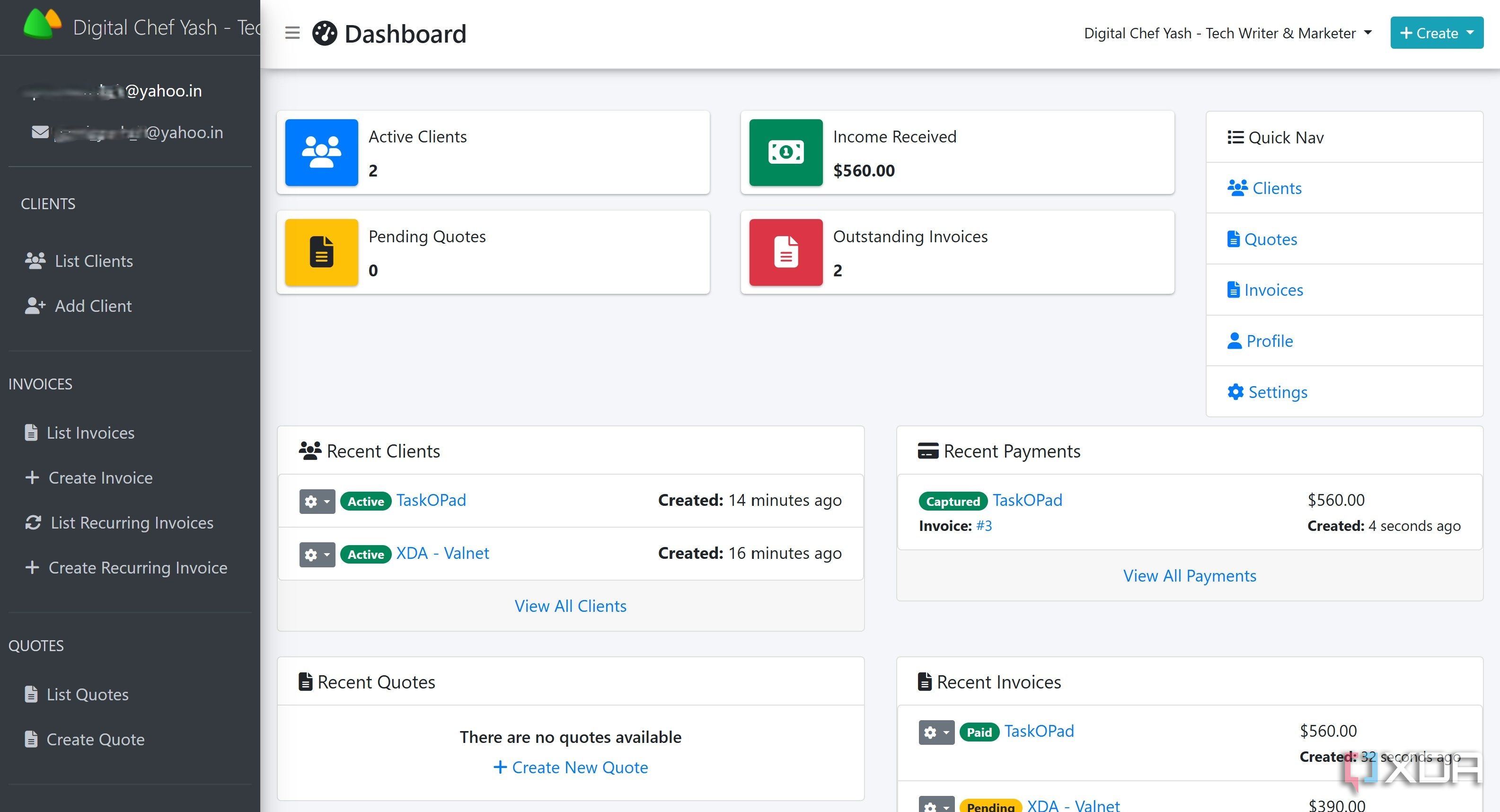 Dashboard in Solid Invoice