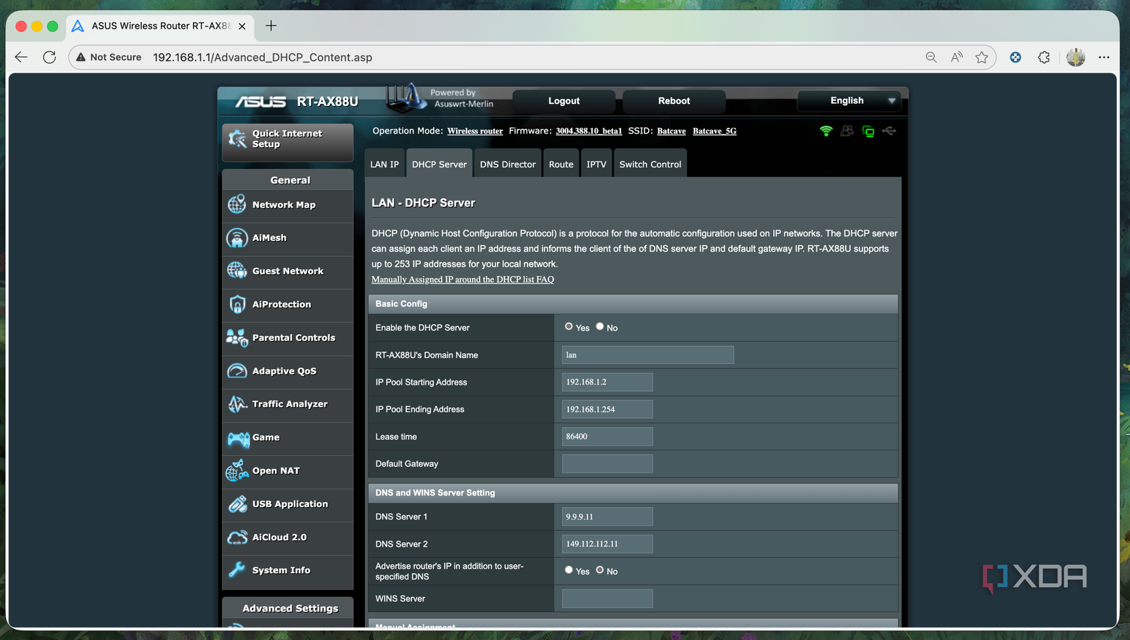 DHCP Servic que se ejecuta en un enrutador Asus