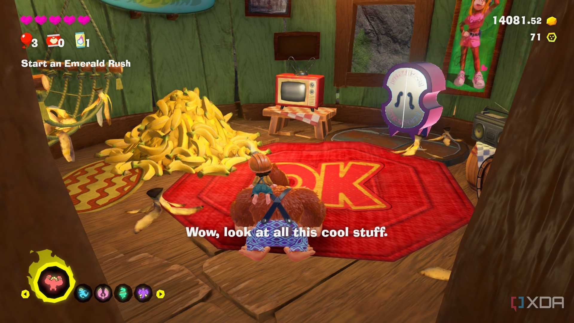 A screenshot of DK's treehouse from Donkey Kong Bananza DK Island DLC