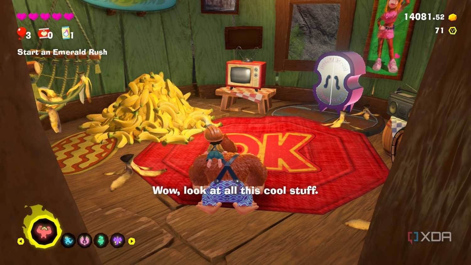 A screenshot of DK's treehouse from Donkey Kong Bananza DK Island DLC