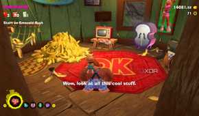A screenshot of DK's treehouse from Donkey Kong Bananza DK Island DLC