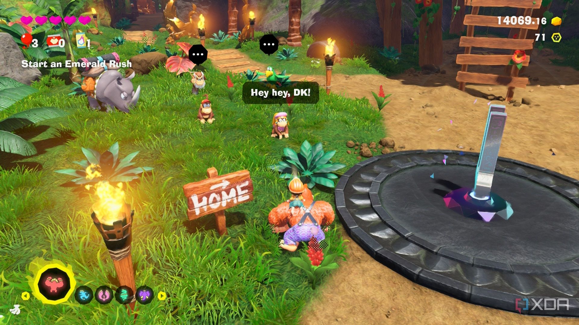 A screenshot of DK meeting up with his friends in the Donkey Kong Bananza DK Island DLC