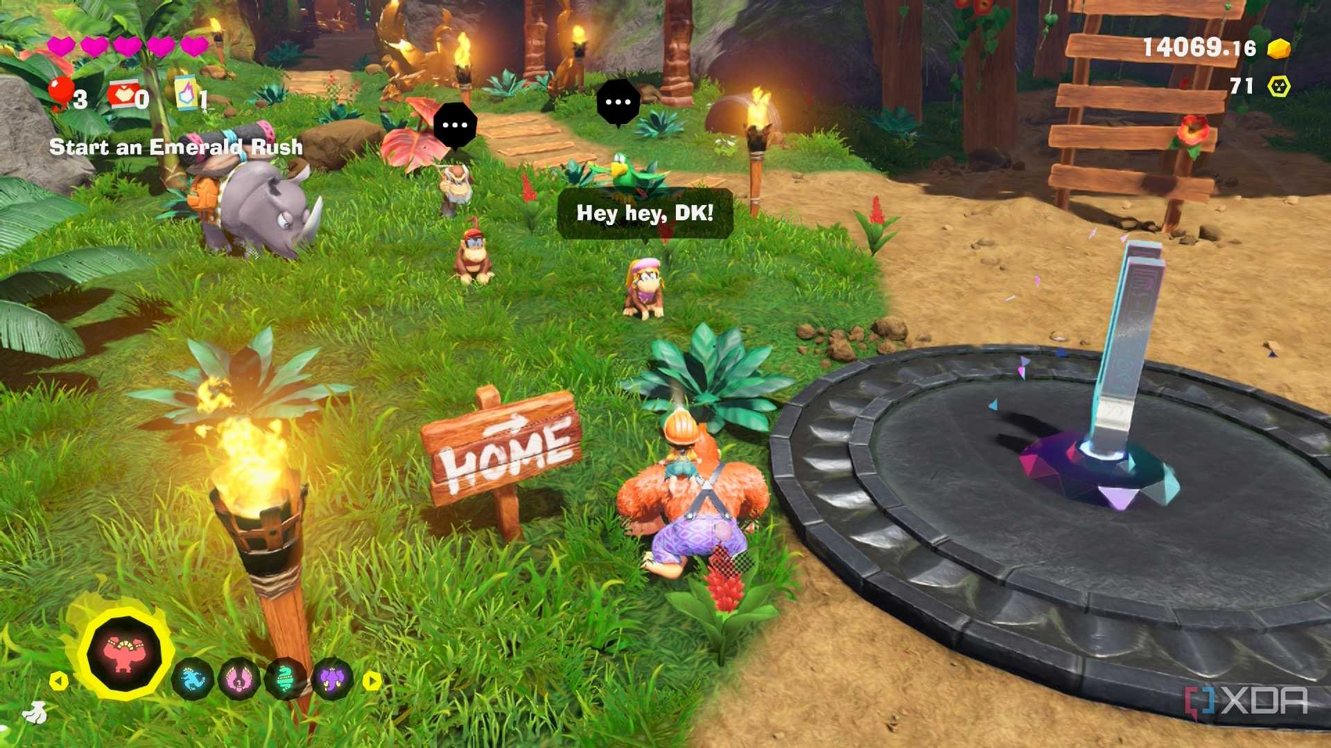 A screenshot of DK meeting up with his friends in the Donkey Kong Bananza DK Island DLC