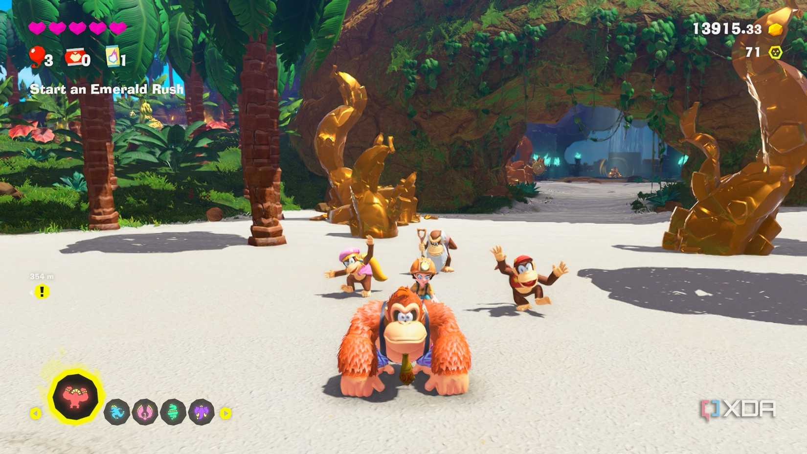 A screenshot of DK posing with his allies in the Donkey Kong Bananza DK Island DLC