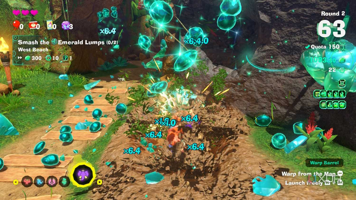 A screenshot of Emerald Rush gameplay from Donkey Kong Bananza DK Island DLC