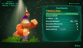 A screenshot of Emerald Rush results screen from Donkey Kong Bananza DK Island DLC