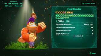 A screenshot of Emerald Rush results screen from Donkey Kong Bananza DK Island DLC