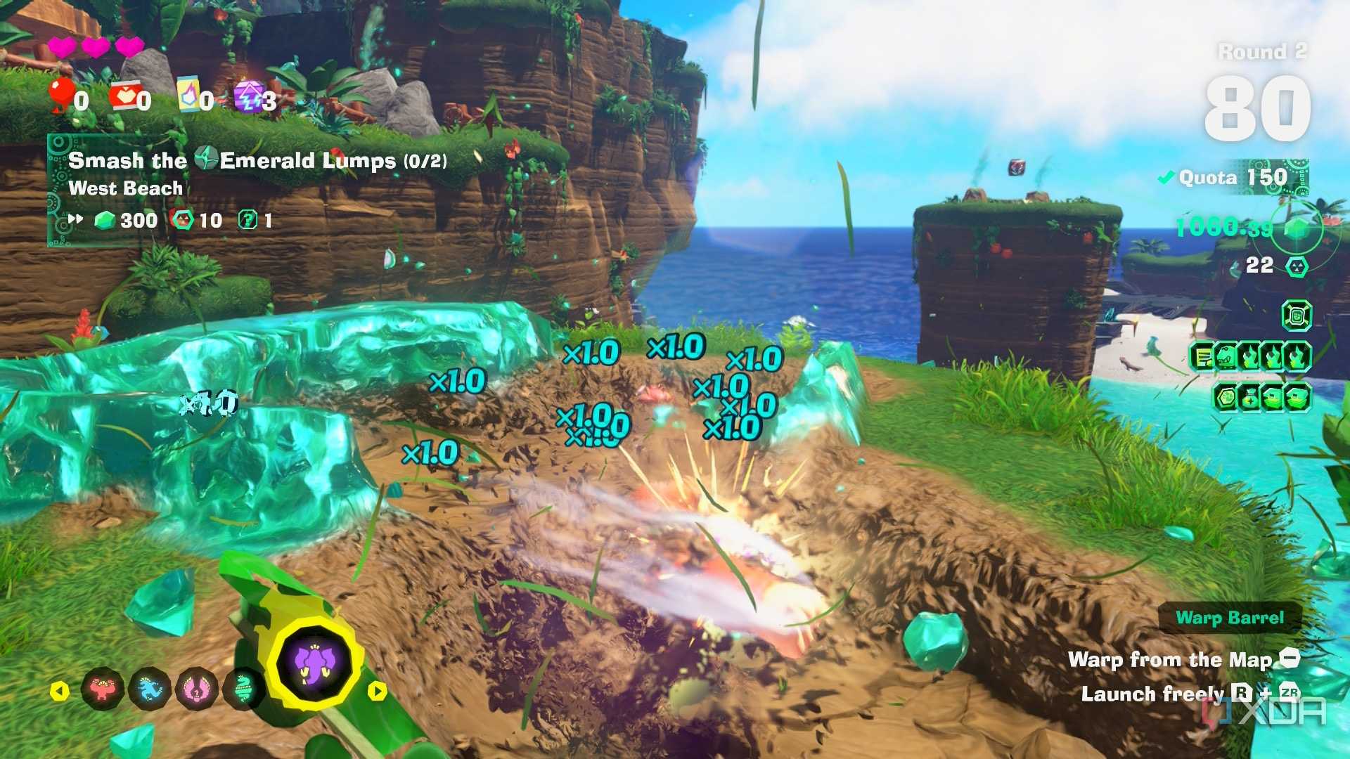 A screenshot of Emerald Rush gameplay from Donkey Kong Bananza DK Island DLC