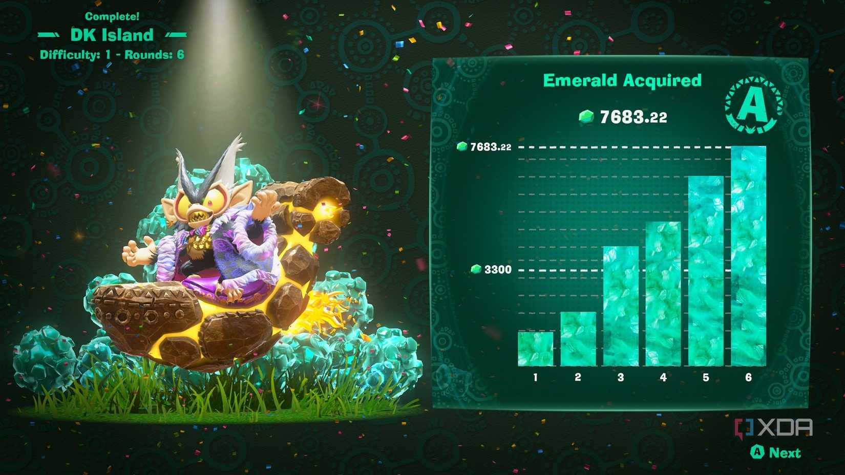 A screenshot of Emerald Rush grading screen from Donkey Kong Bananza DK Island DLC