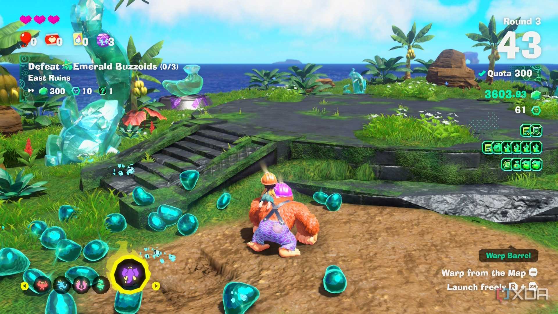 A screenshot of Emerald Rush gameplay from Donkey Kong Bananza DK Island DLC