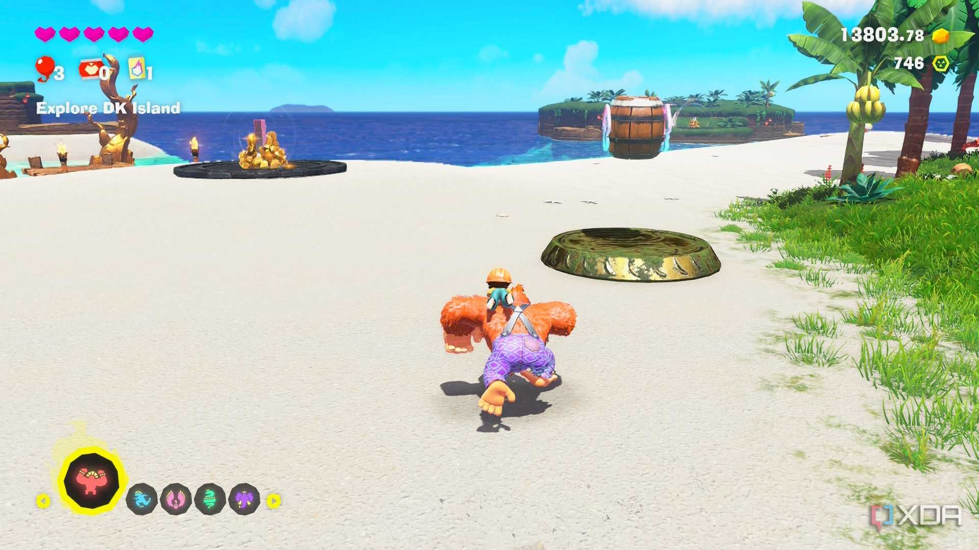 A screenshot of DK exploring DK Island in the Donkey Kong Bananza DK Island DLC