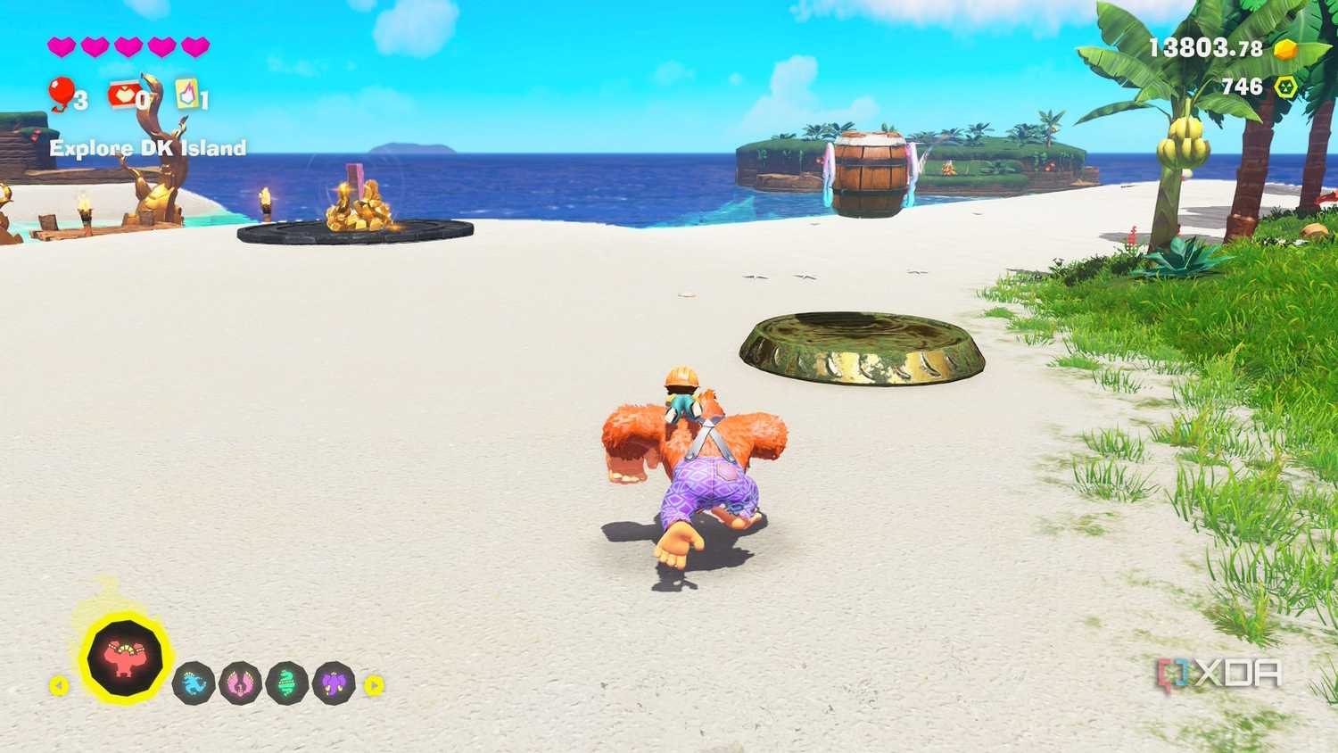 A screenshot of DK exploring DK Island in the Donkey Kong Bananza DK Island DLC