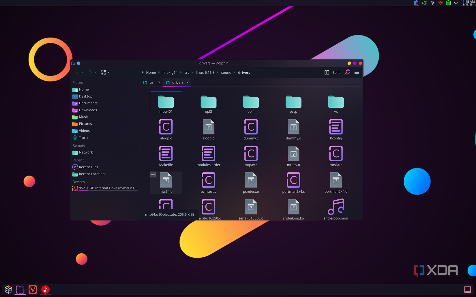 Screenshot of a KDE Plasma desktop with Dolphin showing the contents of a drivers folders