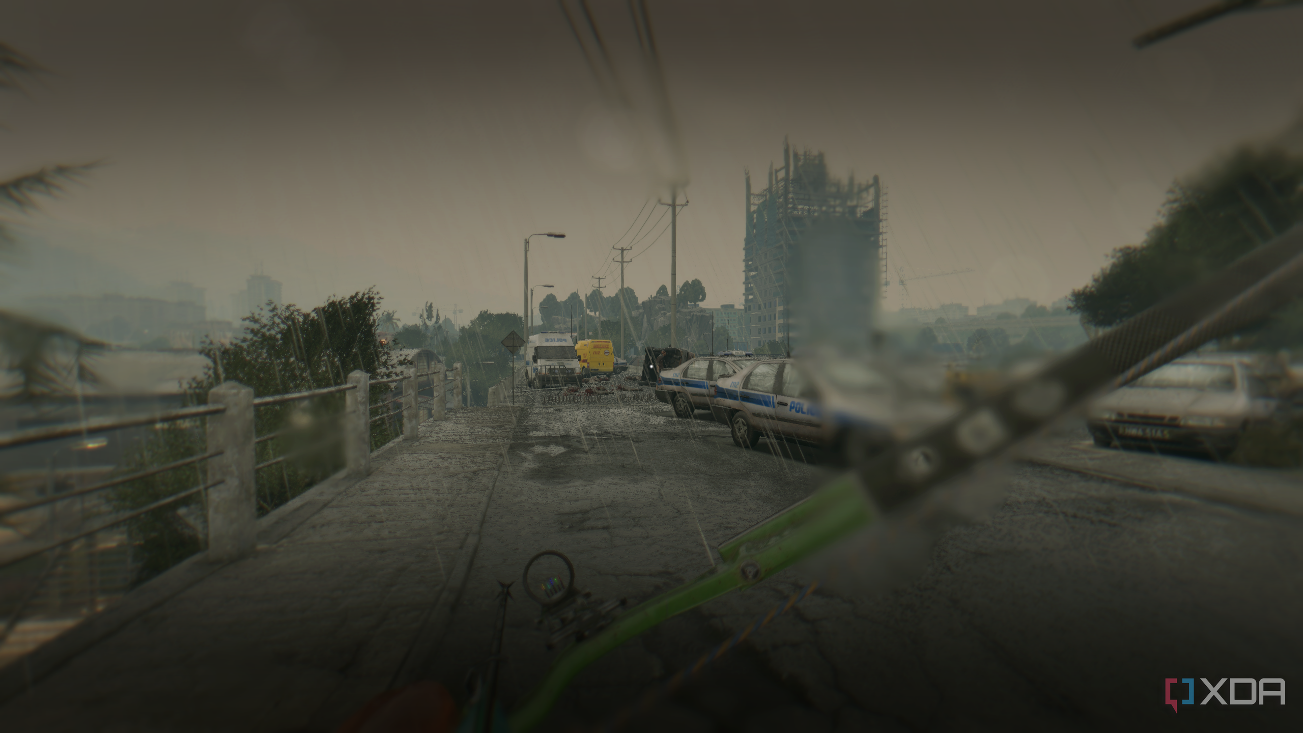 Running in the rain while holding a bow in Dying Light.
