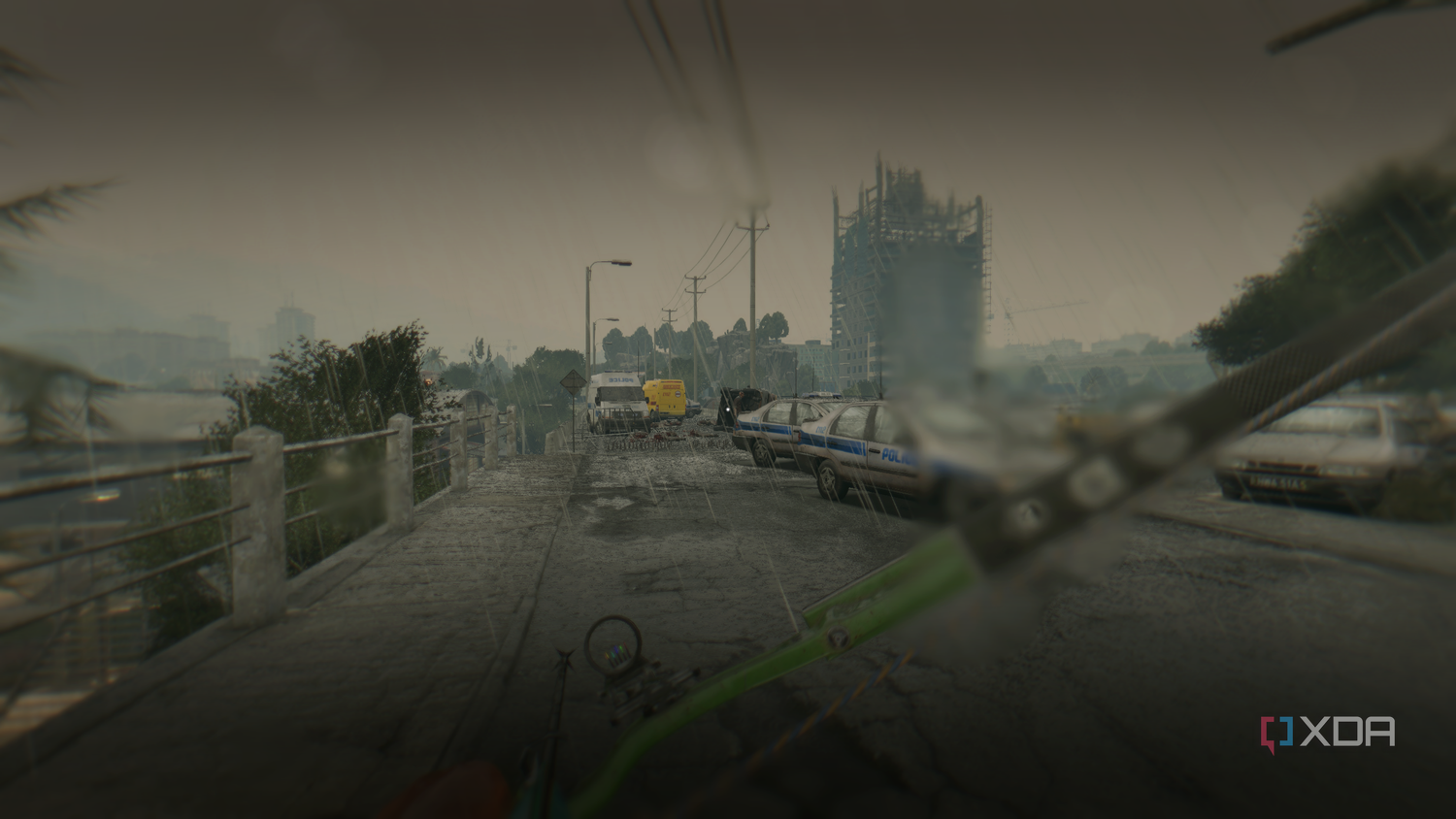 Running in the rain while holding a bow in Dying Light.