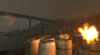 Night rain with a barrel on fire in Dying Light.