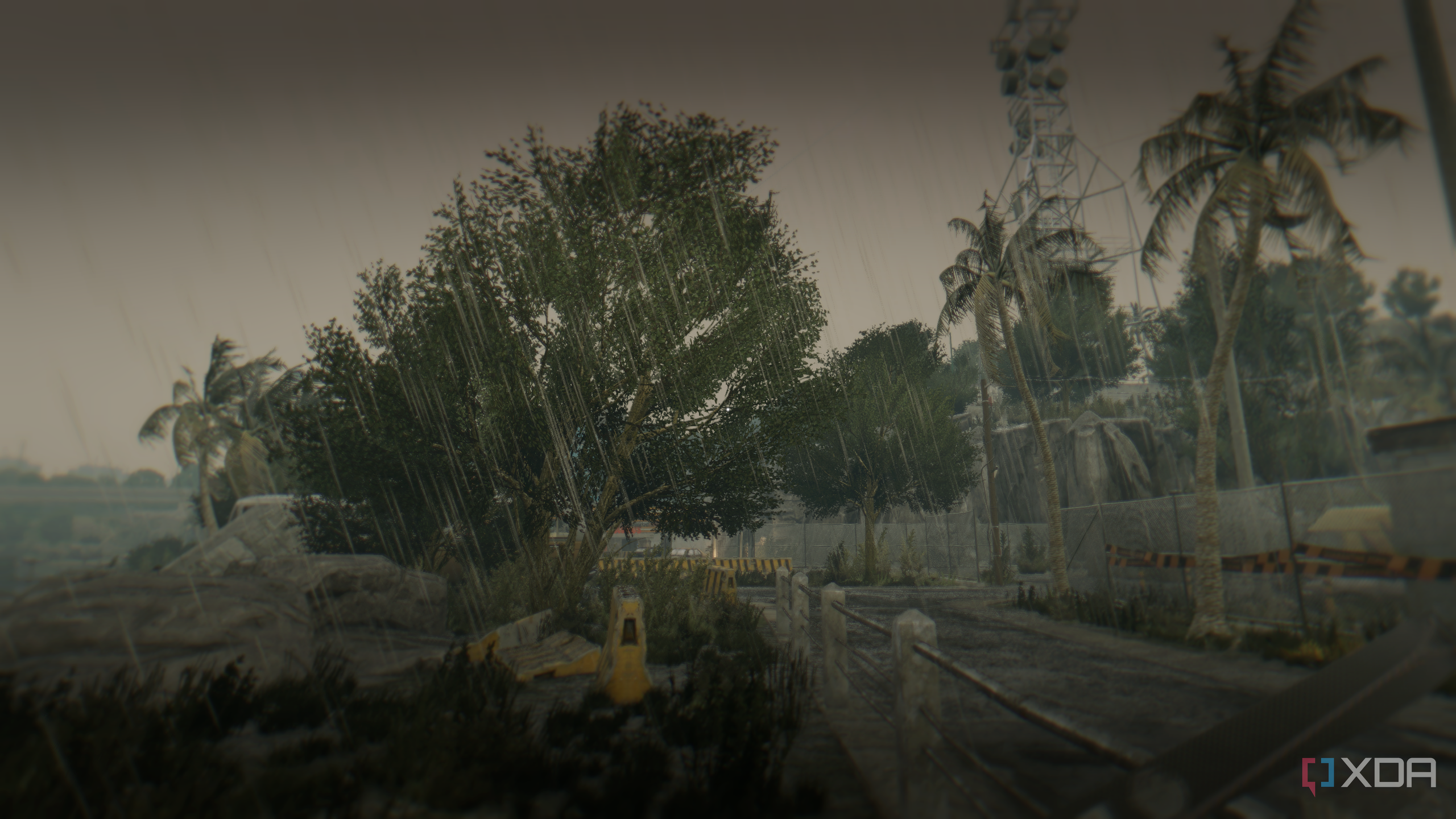 The city of Harran covered in pouring rain during daytime in Dying Light.