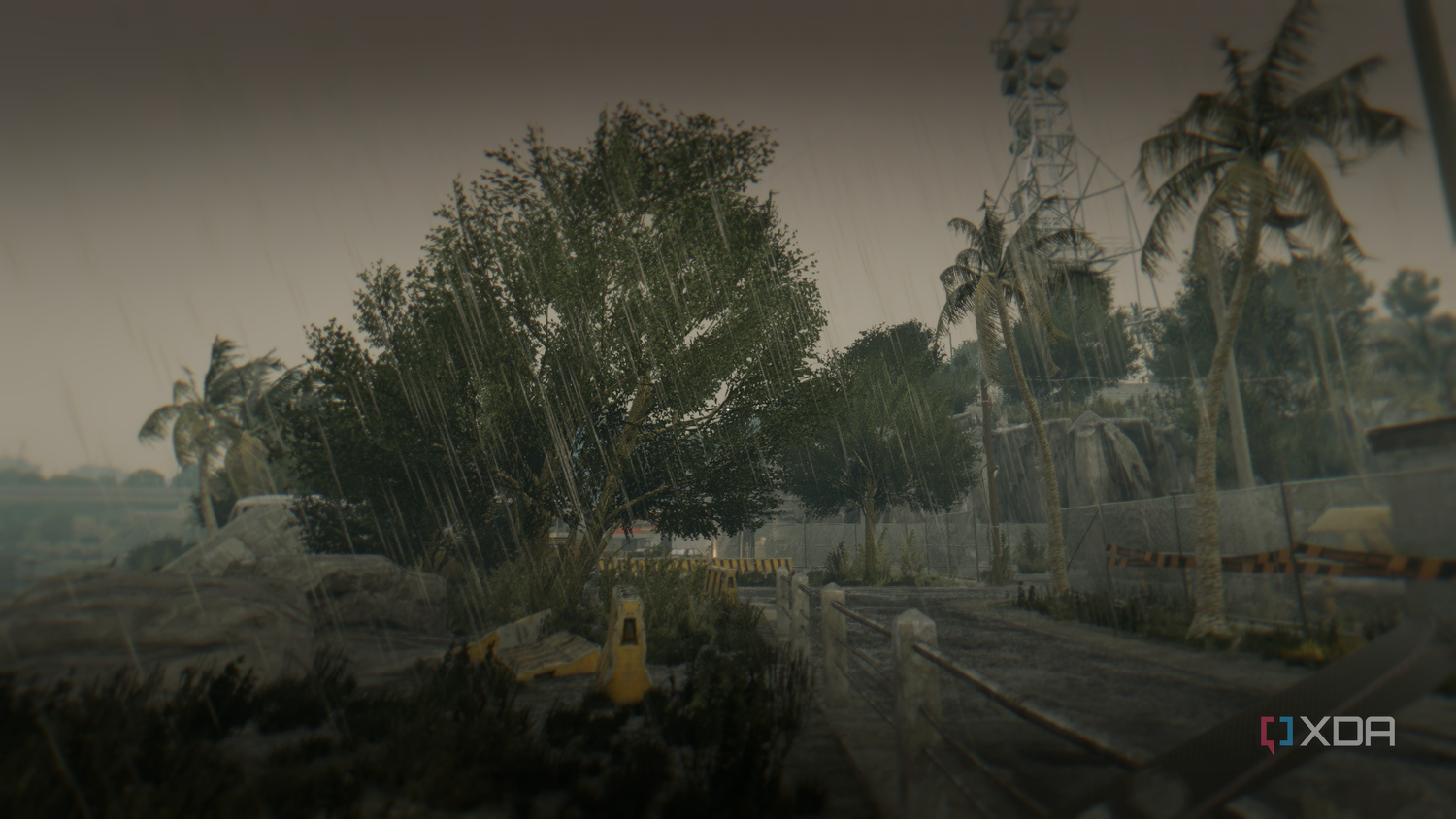 The city of Harran covered in pouring rain during daytime in Dying Light.